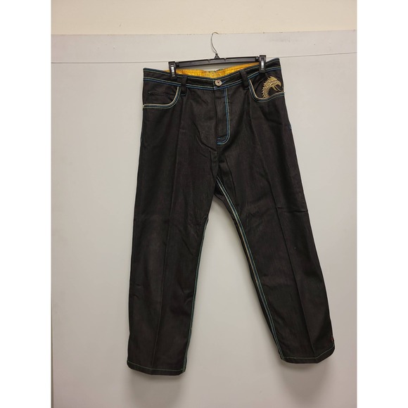 COOGI Jeans Mens Black Denim Colorful Accents Embroidered Pockets Size